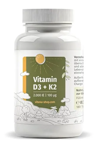 Vitamin D3 2000 I.E. mit 100μg Vitamin K2 All-Trans-MK7-180 vegetarische Tabletten - Depot: 1 Tablette pro 2 Tage