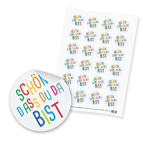 itenga 24x Sticker Geschenke Aufkleber Motiv Kids Schön dass du da bist bunte Schrift Kinder Geburtstag Feier zum Basteln und Verschönern