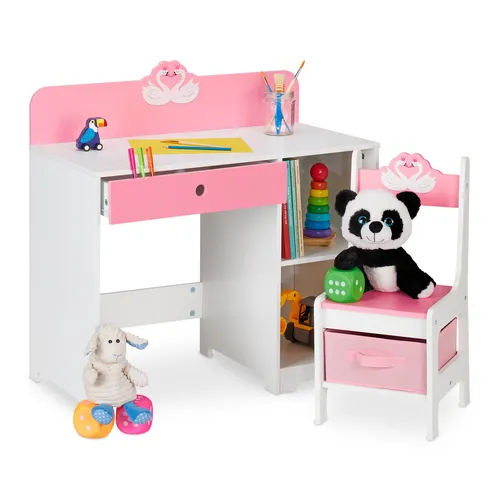 Mini-Schreibtischset für Kinder mit Stuhl – Rosa MDF - Schreibtisch für Kinder mit 2 Regalfächern und 1 Schublade, inklusive Stuhl. Ideal für kreative Lernumgebungen und platzsparend.