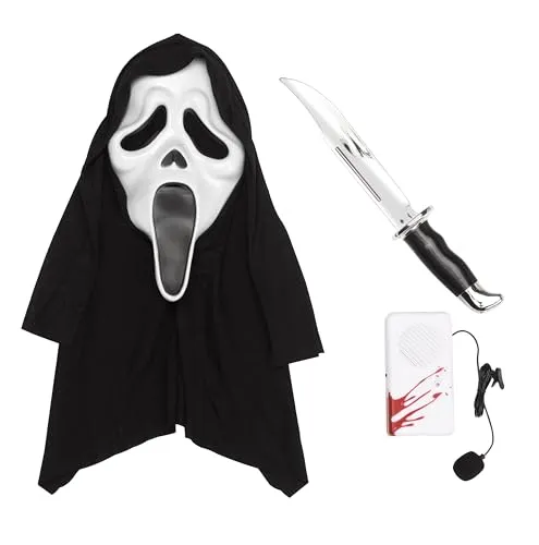 Scream Geist Gesicht Slayer Set mit Stimme Wechsler - Masken & Augenmasken - Werde zum Ghost Face aus der Scream-Filmreihe! Ideal für Halloween, Einheitsgröße und unisex, mit einem speziellen Stimme Wechsler für zusätzlichen Gruselfaktor.