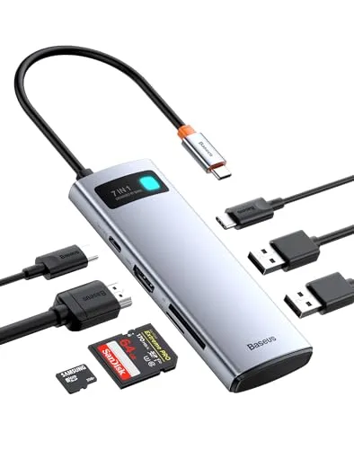 Baseus USB C Hub 7 in 1 Docking Station Adapter mit 4K HDMI, 100W PD, 2 USB 3.0 5Gbps, SD/TF Kartenleser für iPhone 15, Laptop MacBook/Surface Pro/iPad/Steam Deck/Rog Ally/Samsung usw
