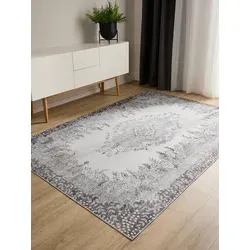 Produktbild benuta Teppich George, rechteckig, Höhe: 5 mm, Vintage-Look, Kurzflor, Teppich Wohnzimmer, Schlafzimmer, Waschbar grau|schwarz rechteckig | 80 cm x 150 cm x 5 mm