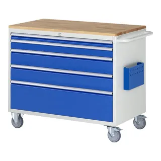 Rau Werkstattwagen Serie 7000 - 450kg Tragkraft, 5 XXL-Schübe - Post-Transportwagen mit 5 XXL-Schüben und einer Tragkraft von 450 kg, ideal für Werkstätten. Made in Germany, mit stabiler Buche-Massiv-Arbeitsplatte und zentraler Abschließbarkeit.