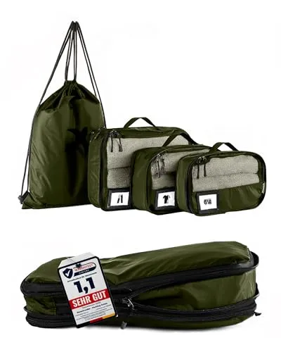SEESCHWALBE Packwürfel Set mit Kompression | Packing Cubes | Packtaschen Set für Rucksack & Koffer | Extra leichte Kleidertaschen (4-teilig, olivgrün)