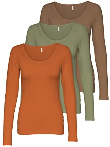 ONLY 3er Pack Damen Langarmshirt schwarz und weiß Langarm Basic Longsleeve Sommer aus 95% Baumwolle XS S M L XL 15209156 (Mix 6, XS)