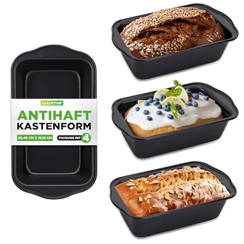 NutriChef 4er-Set Kastenformen – Premium Antihaft-Brotbackformen aus lebensmittelechtem Karbonstahl für gleichmäßige & schnelle Wärmeverteilung, ofenfest bis 230 °C, frei von PFOA, PFOS & PTFE