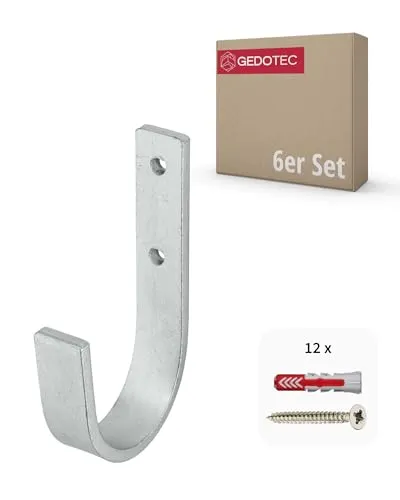 Gedotec Wandhalterung - Universal-Haken Stahl verzinkt | 6 Stück Leiterhaken gebogen 55 x 110 mm | Gerätehaken inkl. Befestigungsmaterial | Allzweckhaken aus Metall | Wandhaken zum Schrauben