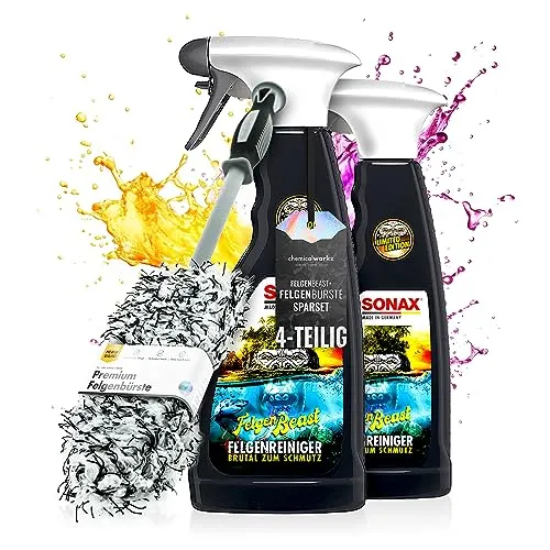 Chemicalworkz® Felgenbürste Flat Wheel Brush + Sonax Felgenbeast Sonderedition (2x500ml) Mikrofaser Felgen Bürste + Felgenreiniger Set - Reinigung Aller Felgen - Alufelgen, Auto Felgenreiniger Bürste
