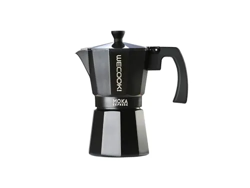 WECOOK! Bella Espressokocher Schwarz aus Aluminium, Moka Kaffeekocher, 3 Tassen (150 ml), Silikondichtung & Sicherheitsventil, Geeignet für Gas, Elektro und Glaskeramik – Nicht für Induktion