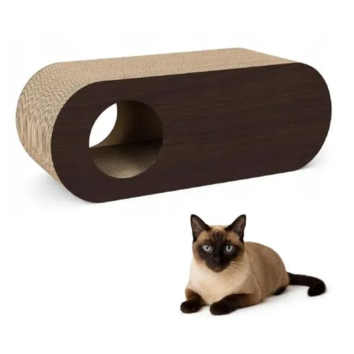 QLS Katzenmöbel aus Wellpappe & HDF – 75×27×29 cm - Kratzbrett, Katzenhöhle, Liegeplatz – Inkl. Katzenspielzeug & Katzenminze (Braun)