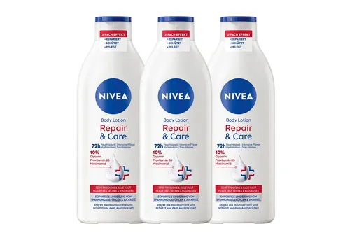 Nivea Körperlotion Body Repair & Care 3 x 400ml - Körperlotionen mit 3-fach Effekt: Repariert, schützt & pflegt sehr trockene Haut. Spendet 72h Feuchtigkeit und stärkt die Hautbarriere für gesund aussehende Haut.