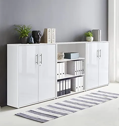 Schrankwand TABOR 9 Büroregal Aktenschrank Büroschrank abschließbar in diversen Farbvarianten (weiß/weiß Hochglanz, 4-türig)