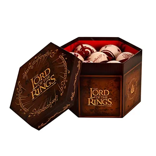 Elbenwald Herr der Ringe Weihnachtsbaumkugeln mit Mittelerde Motiven Krone und weißer Baum von Gondor, Elben Symbol, Rohan Logo und der eine Ring Schriftzug 14tlg rot Gold