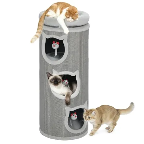 PawHut Kratztonne 96 cm - Grau, vierstöckige Katzenhöhle mit abnehmbarem Plüschbett - Die PawHut Kratztonne bietet Ihrer Katze vier gemütliche Schlafhöhlen und robuste Kratzflächen. Ideal für kleine Wohnräume, sorgt sie für Spiel und Entspannung. Mit abnehmbarem, waschbarem Bett für einfache Pflege.