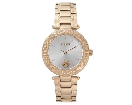 Versus by Versace Damen Analog Quarz Uhr VSP712218 - Armbanduhren für Damen mit 36mm Gehäuse, inklusive einem gelb-goldfarbenen und einem Lederarmband, wasserfest bis 30 Meter und geliefert in eleganter Geschenkbox.