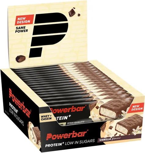 PowerBar Protein Plus Low Sugar Riegel, 16 x 35 g - Vanilla - Protein Riegel mit niedrigem Zuckergehalt, ideal für Muskelaufbau und gesunde Snacks unterwegs.