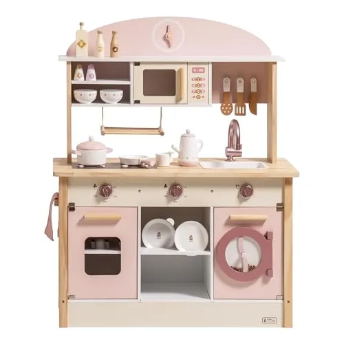 ROBUD Spielküche für Kinder Kleinkinder, Spielküche aus Holz mit realistischem Zubehör, Spielzeugküche Set mit vielen Spielfunktionen, moderner Stil Spielzeugküche für Mädchen & Jungen, Geschenk ab 3