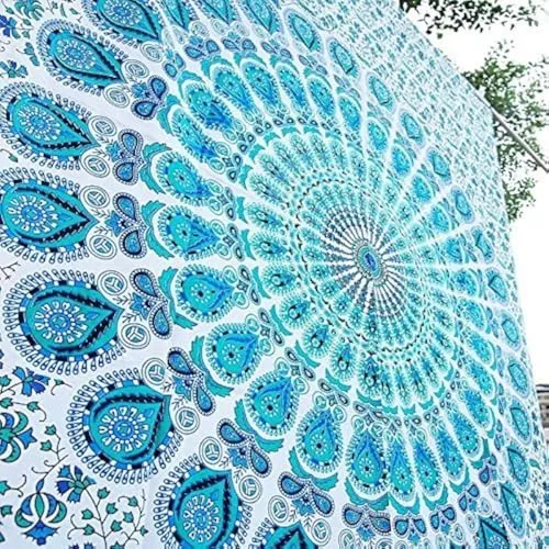 Bless International Indischer Hippie Bohemian Psychedelic Peacock Mandala Wandbehang Bettwäsche Tapisserie (Peacock Sky Blue, Queen (213x288Inches) (215x230Cms))