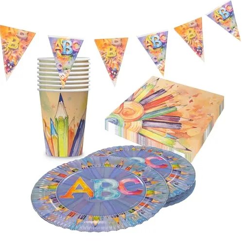 Party Factory Party-Set Back to School Neutral, 4 teiliges Partyset mit 20 Servietten, 8 Bechern, 8 Tellern und 1 Wimpelkette, farbenfrohe Dekoration für Schulanfang und Einschulung