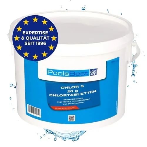 PoolsBest 5kg Chlor S 20g I schnelllösliche Chlortabletten für Pool I Poolpflege Chlortabs auch für Whirlpool I Stoßchlorung Tabletten zur Desinfektion I Pool Zubehör