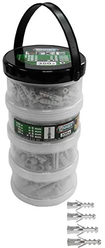 Connex Dübel-Sortiment 350-teilig - Polypropylen - Diverse Größen im Set (Ø 5 / 6 / 8 / 10 mm) - Für einfache Befestigungsarbeiten in Vollstein & Beton / Dübel-Set / Universaldübel / B30015