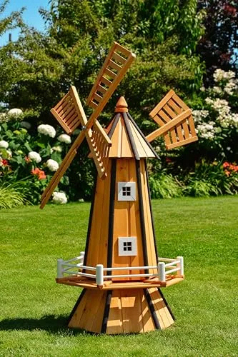 Große Windmühle 1,30 m - Imprägniert & Kugelgelagert - Dekorative Windmühle aus Holz mit 360° drehbaren Flügeln. Ideal für Ihren Garten, sorgt für ein schönes Ambiente und ist ein echter Blickfang.