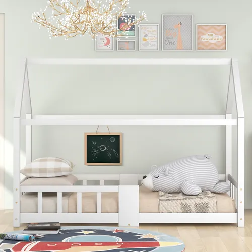 Hausbett mit Lattenrost, 90x200 cm, Kinderbett mit Rausfallschutz, Einzelbett, Jugendbett, Kiefer