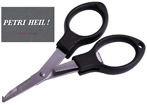 Angelschere Braid Schere Sprengringzange f geflochtene Schnur, faltbar Splitring Scissor ca. 10cm + gratis Petri Heil! Aufkleber