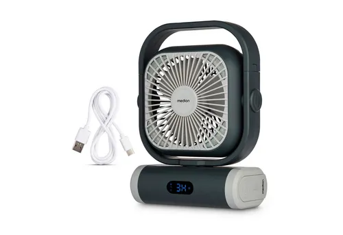 MEDION Tischventilator E10 TF - Kompakter Tischventilator mit 5 Geschwindigkeitsstufen und Fernbedienung. Ideal für Camping und unterwegs dank Akku-Betrieb und Powerbank-Funktion.