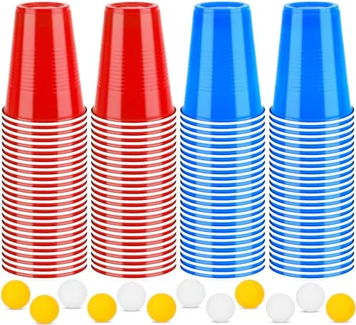 Frasheng Beerpong Partybecher, 100 Plastikbecher 12 Bällen, Rot und Blau 16oz, Wiederverwendbare Party Becher, Bierpong Becher Set für Weihnachten, Geburtstag, Hochzeit