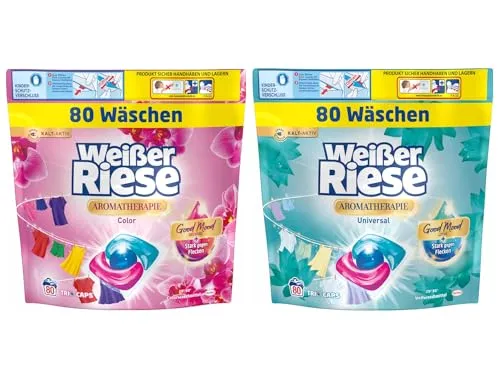 WEISSER RIESE Trio-Caps-Set 2x 80 Waschladungen (160WL) Aromatherapie 1x Color Orchidee & 1x Universal Lotus, mit Good Mood-Duft für unwiderstehlich duftende & strahlend saubere Wäsche