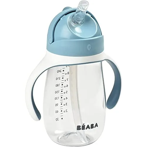 BÉABA - Trinklernbecher - 2 in 1 Babyflasche - Kindertasse mit Strohhalm - 100% dicht - Leicht zu öffnen - Abnehmbare Griffe -Tritan und Silikon - 300 ml - Blue