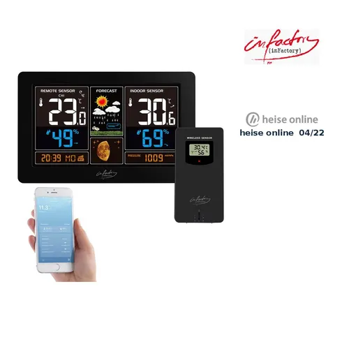 infactory WLAN-Funk-Wetterstation mit Außensensor, XL-Farbdisplay und App