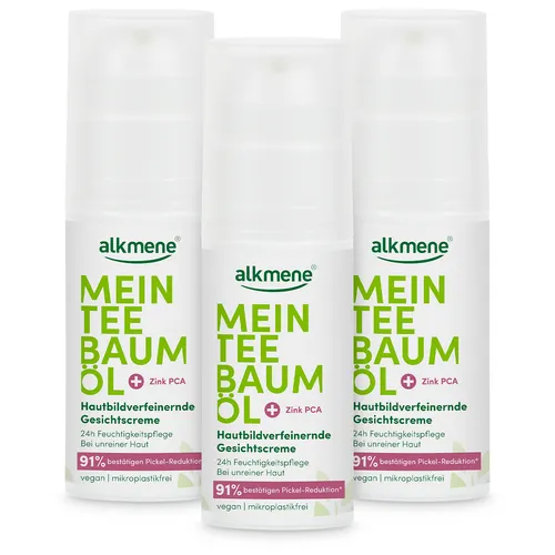 alkmene Mein Teebaumöl Gesichtscreme 3x 50 ml - Gesichtscreme mit 100% naturreinem Teebaumöl, reduziert Pickel nachweislich um 91% und ist klimaneutral. Ideal für eine reine Haut ohne Mikroplastik.