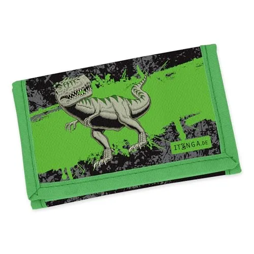 itenga Kinder Geldbörse - Geldbeutel und Brustbeutel - mit Klettverschluss, Kordelband, Geldscheinfach und Münzfach Sichtfenster für Mädchen und Jungen (Motiv T-REX)