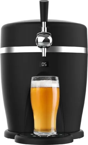Bierzapfanlage mit 60 W, die die Temperatur von 3°C bis 6°C hält, kompatibel mit universellen 5-Liter-Druckfässern, abnehmbarem Griff und Tropfschale sowie rutschfesten Füßen für Stabilität.