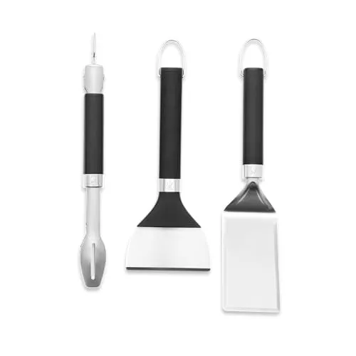 Plancha Zubehör-Set 3-teilig - Edelstahl/Silikon - Praktisches Zubehör für Grillplatten und Planchas, bestehend aus einem Wender, Schaber und Grillzange aus hochwertigem Edelstahl und Silikon.