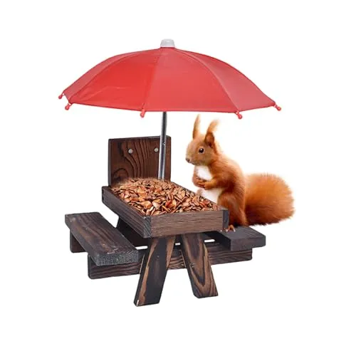 MEGYAD Eichhörnchen Futterhaus Eichhörnchen-Feeder: Wetterfest Eichhörnchen Picknicktisch Holz zum Hängen, Eichhörnchen Futtertisch mit Regenschirm und Maisständer, für Garten Balkon