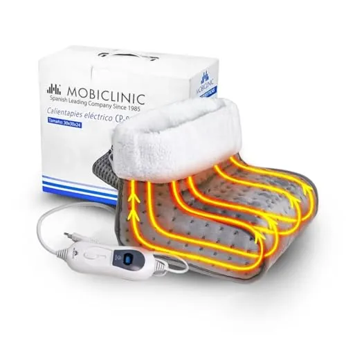 Mobiclinic, Elektrischer fußwärmer, Wolle und Fleece, Sehr niedriger verbrauch, Europäische Marke, Mit abschaltautomatik, Leicht waschbares Innenfutter, 3 temperaturstufen, 30 x 24 cm, Grau