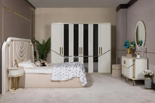 Schlafzimmer Set mit Bett, 2 Nachttischen, Schrank und Kommode - Elegantes 6-teiliges Schlafzimmer Set in Beige, bestehend aus Bett (180x200 cm), 2 Nachttischen, Schrank und Kommode mit Spiegel. Robustes Holzgestell, modernes Design, ideal für stilvolle Schlafzimmer.