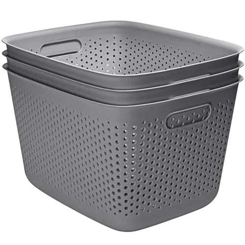 KONZEPT 3er Set Aufbewahrungsbox 17l, Aufbewahrungskorb aus Kunststoff mit Griff, perforierte, grau Boxen zur Aufbewahrung