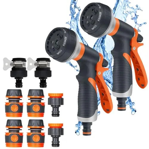 Gartenbrause 2er Set, Handbrause Garten 8 Bewässerungsmuster, Einstellbarer Wasserdurchfluss, Hochdruck Handsprüher Spritzpistole für Gartenbewässerung, Haustierdusche, Autowäsche (Orange)