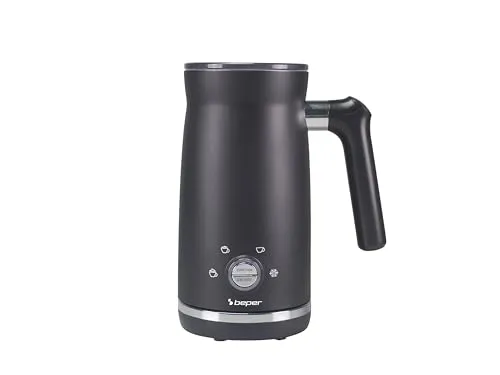 BEPER P101CAF001 Elektrischer Milchaufschäumer, Milchaufschäumer mit Deckel, 300 ml, Schwarz, 4 Funktionen, Leistung 500W