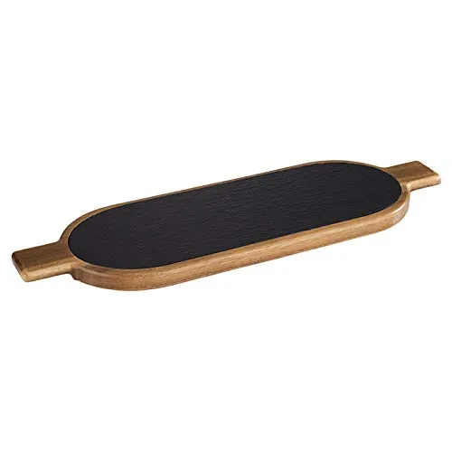 Servierbrett aus Akazienholz mit Naturschieferplatte 50 x 15 cm - Servierplatten & -schalen, elegantes Design mit Kombination aus Akazienholz und Naturschiefer, perfekt für stilvolle Präsentationen von Speisen.