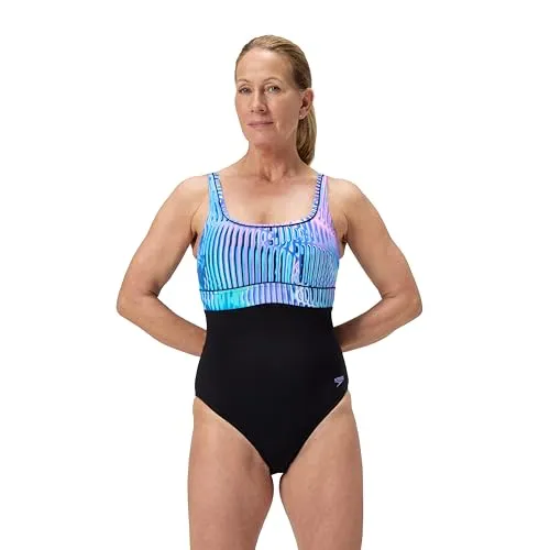 Speedo Damen Formgebender Countour Eclipse Badeanzug mit Print - Shapewear für Strand- und Urlaubsbademode, rundum figurformend mit mittlerer Brustunterstützung und verstellbaren Trägern für perfekten Halt und Tragekomfort.
