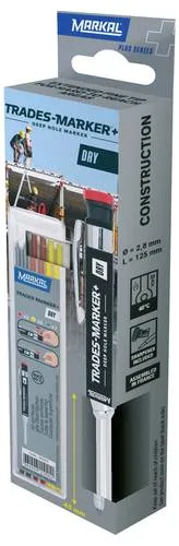 Markal TRADES-MARKER+ DRY 96281 Tieflochmarker - Robuster Tieflochmarker mit extralanger Metallspitze für präzise Markierungen an schwer zugänglichen Stellen. Integrierter Minenspitzer und Halteclip für einfachen Gebrauch und Transport. Ideal für alle Oberflächen.