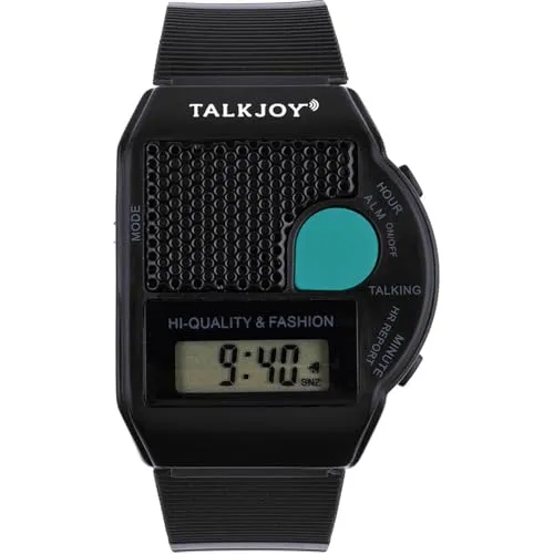 TalkJoy Spanisch Sprechende Armbanduhr, Digitale LCD Blindenuhr mit Sprachfunktion, Uhrzeit- und Weckzeitansage, Seniorenuhr, Demenzuhr, Hilfsmittel für Sehbehinderte, sprachgestütztes Menü, Schwarz