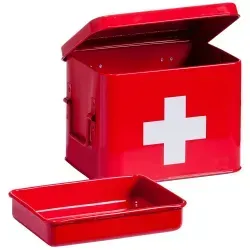 Zeller Medizin-Box aus Metall, rot - Medizinischer Bedarf: Praktische und stylische Medizinbox aus pulverbeschichtetem Metall mit 4 Fächern und entnehmbarem Metalleinsatz für schnellen Zugriff.