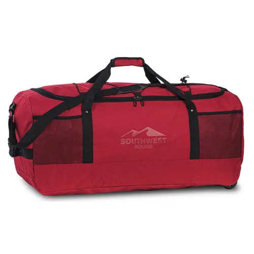 Southwest Bound Faltbare Rollenreisetasche - Feuerrot, 90L - Robuste und geräumige Rollenreisetasche aus wasserabweisendem Material. Mit 3 leichtlaufenden Rollen und verstellbarem Schultergurt ideal für Reisen. Kompakt faltbar und leicht zu transportieren.