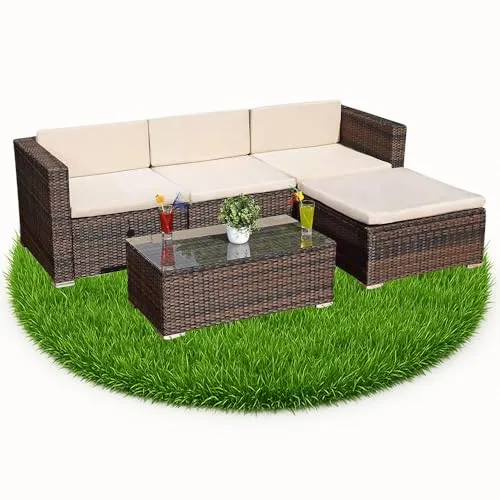 Melko Rattan Gartenmöbel Set Braun Couch mit Tisch, Hocker und Stuhl, aus Polyrattan, wetterfest und robust, Gartengarnitur für Balkon, Garten oder Terrasse